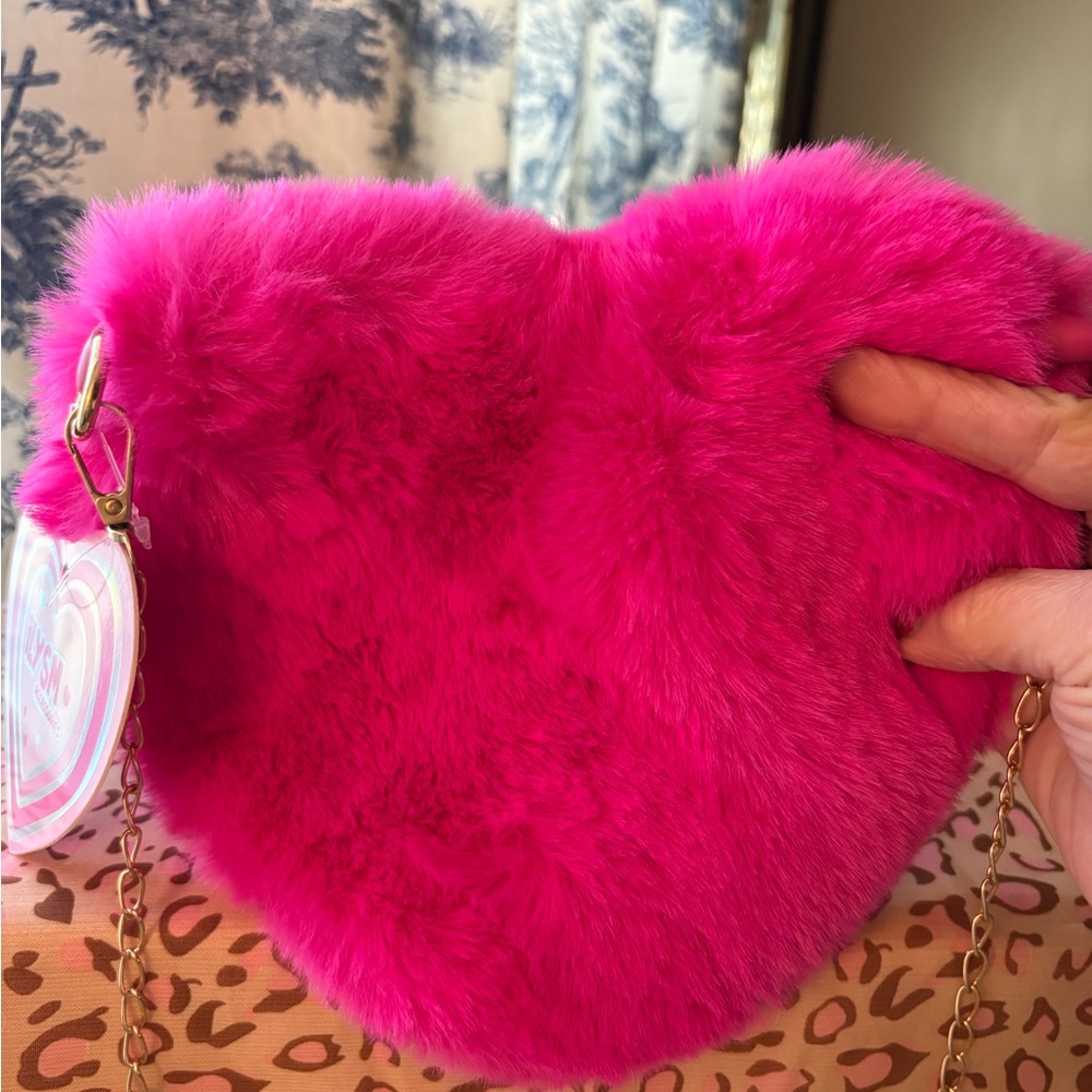 Kids Hot Pink Fuzzy Heart Crossbody Bag - Picture 2 of 6